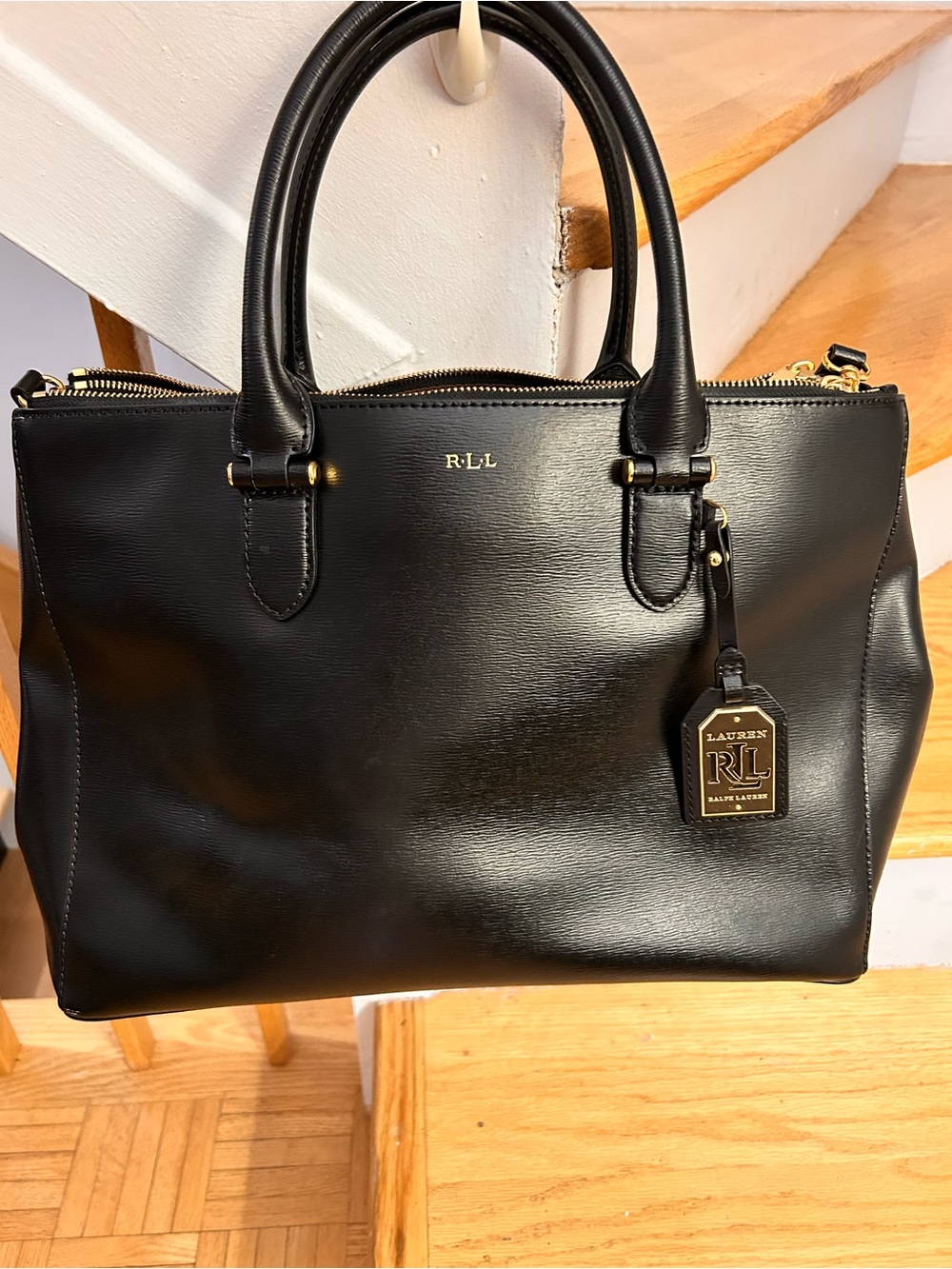 Lauren Ralph Lauren Black Leather Tote with Gold Hardware